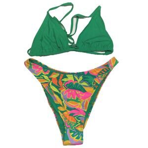 Set Bikini Floral Green Top Sz M Bottoms Sz M New